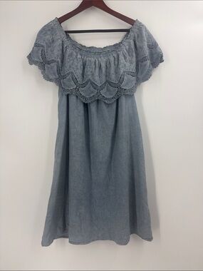 denim babydoll dress women's boho  embroidered lace detail cotton summer dress
